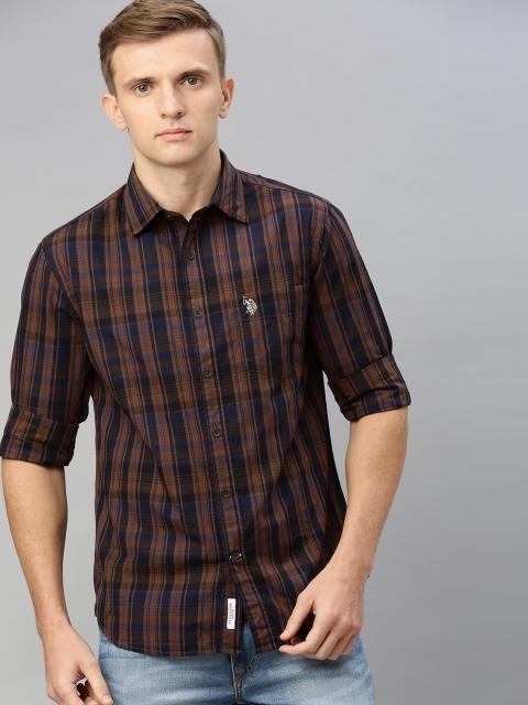 

U.S. Polo Assn. Men Brown & Navy Blue Tailored Fit Checked Casual Shirt