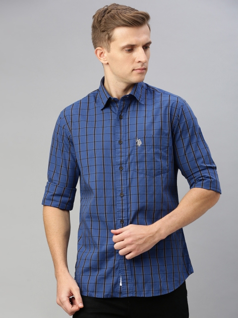 

U.S. Polo Assn. Men Blue & Yellow Tailored Fit Checked Casual Shirt