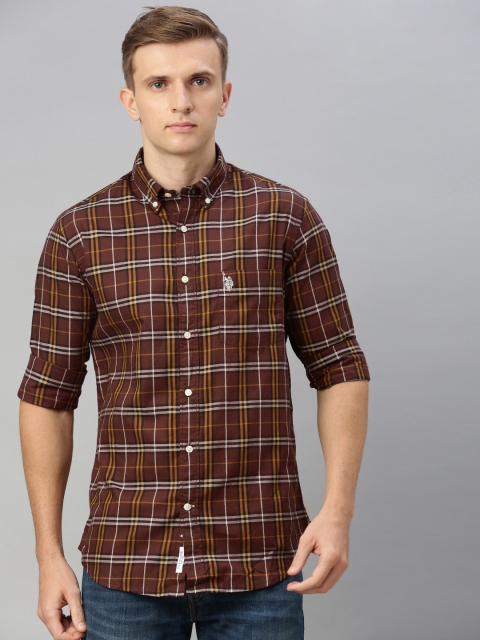 

U.S. Polo Assn. Men Brown & Mustard Yellow Tailored Fit Checked Casual Shirt