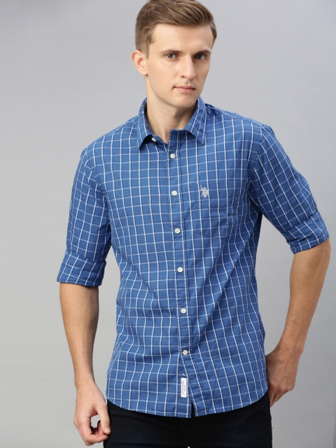 

U.S. Polo Assn. Men Blue & White Tailored Fit Checked Casual Shirt