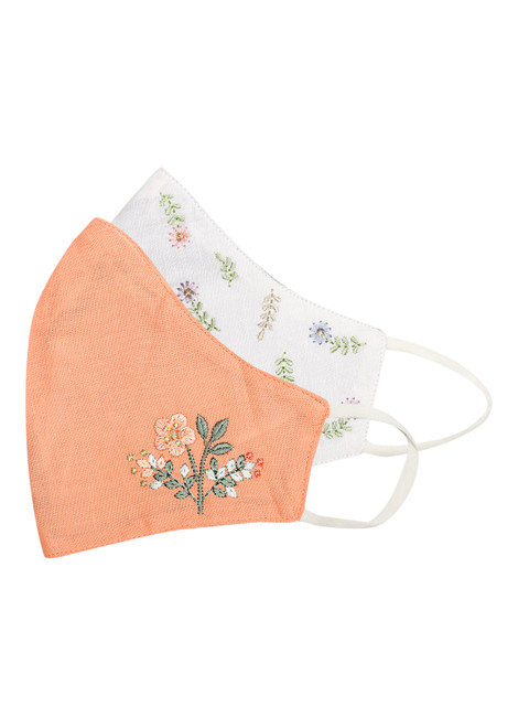 

House of Pataudi Unisex Pack of 2 Embroidered Linen Reusable 7-Ply Cloth Masks, Peach