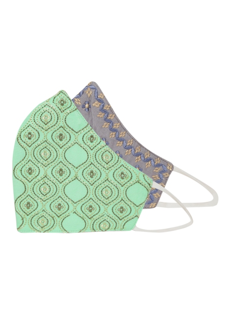 

House of Pataudi Unisex Pack of 2 Embroidered Reusable 7-Layer Outdoor Masks, Green