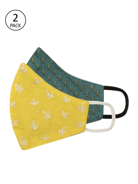 

House of Pataudi Unisex Pack of 2 Embroidered Reusable 7-Layer Outdoor Masks, Yellow