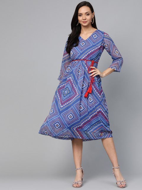 

plusS Women Blue & Red Printed A-Line Dress