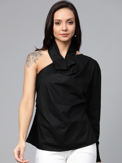 

plusS Women Black Solid Halter Neck Pure Cotton Top