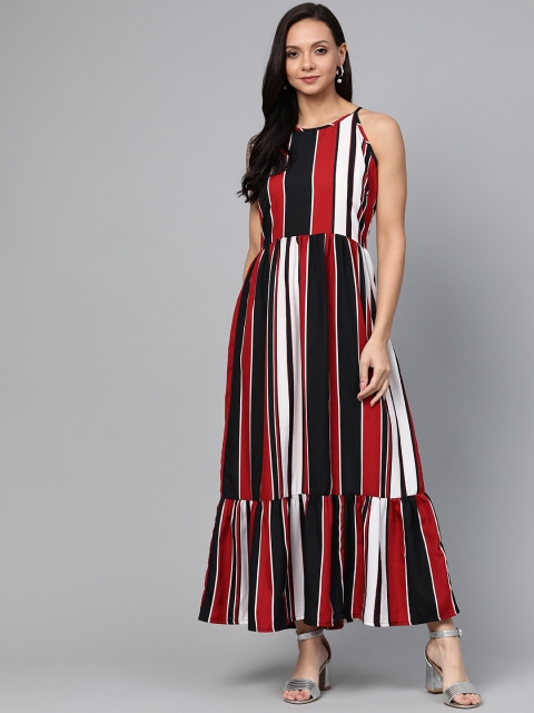 

plusS Women Maroon & Black Striped Maxi Dress