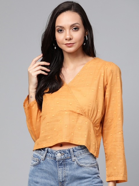 

plusS Women Mustard Yellow Self Design Wrap Pure Cotton Top