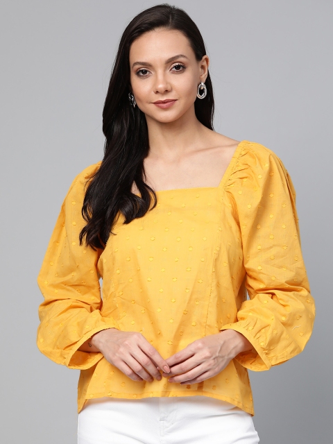 

plusS Women Mustard Yellow Self Design Puff Sleeves Top