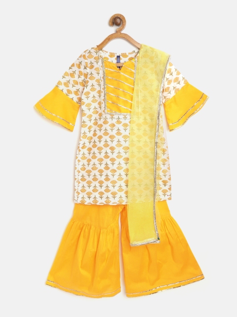 

YK Girls Yellow & White Ethnic Motifs Print Handloom Kurta with Sharara & Dupatta