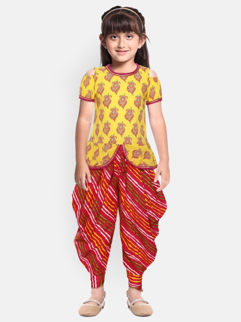 

YK Girls Yellow & Pink Printed A-Line Kurti with Dhoti Pants