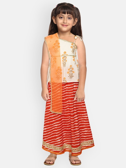 

YK Girls White & Red Printed Ready to Wear Lehenga & Blouse with Dupatta