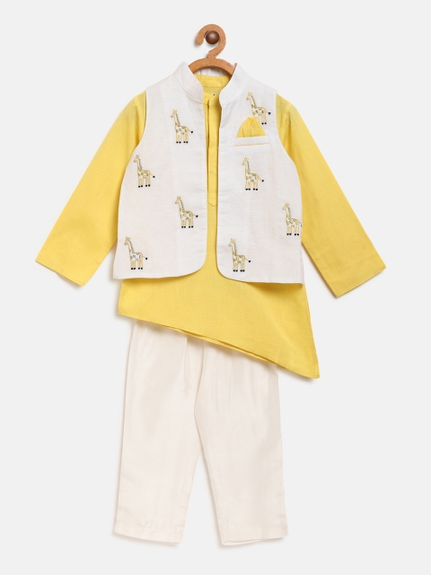 

Nauti Nati Boys Yellow & White Solid Asymmetric Kurta with Pyjamas & Nehru Jacket