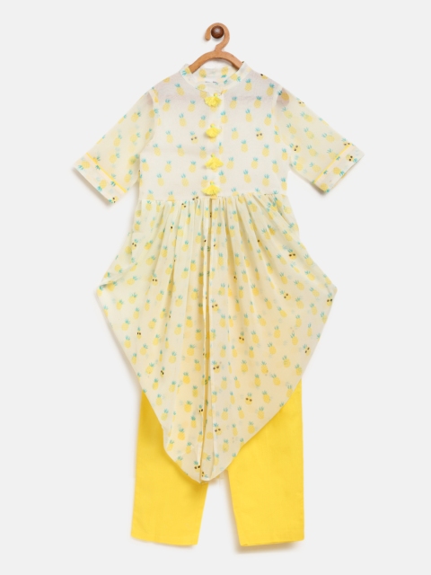 

Nauti Nati Girls White & Yellow Printed Kurta with Trousers