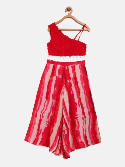 

Nauti Nati Girls Red & Off-White Self Design Crop Top with Palazzos