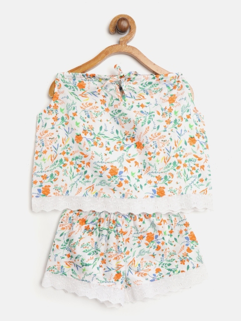 

Nauti Nati Girls White & Orange Floral Print Top with Shorts