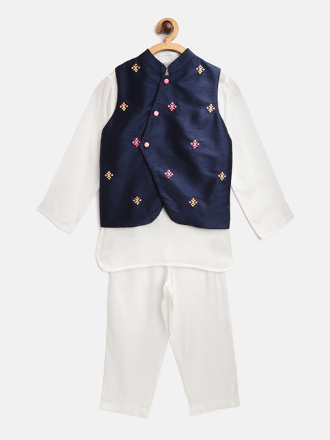 

Nauti Nati Boys White Solid Pleated Kurta with Pyjamas & Nehru Jacket