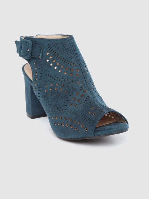 

Roadster Women Teal Green Laser Cuts Peep-Toed Heeled Mules