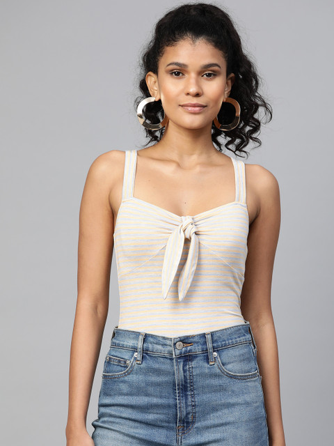

VividArtsy Women Grey & Peach-Coloured Striped Fitted Crop Top