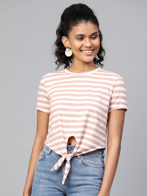 

VividArtsy Women Dusty Pink & Off-White Striped Crop Top