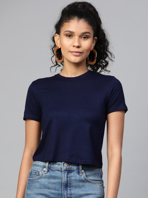

VividArtsy Women Navy Blue Solid Round Neck Cropped T-shirt