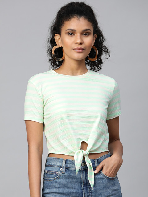 

VividArtsy Women Off-White & Sea Green Front Knot Striped Top