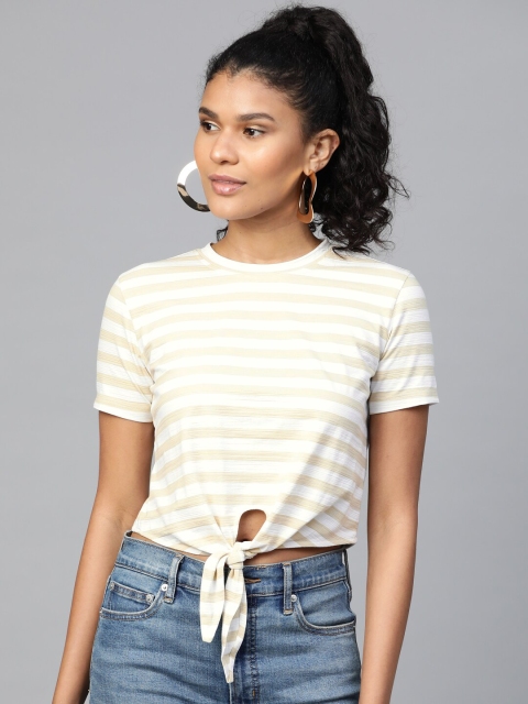 

VividArtsy Women Off-White & Beige Front Knot Striped Top