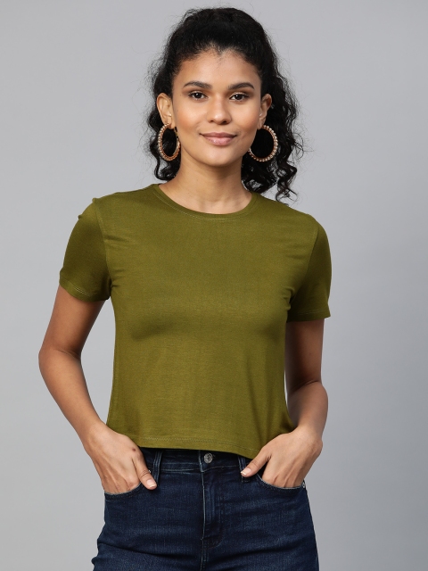 

VividArtsy Women Olive Green Solid Round Neck Crop T-shirt