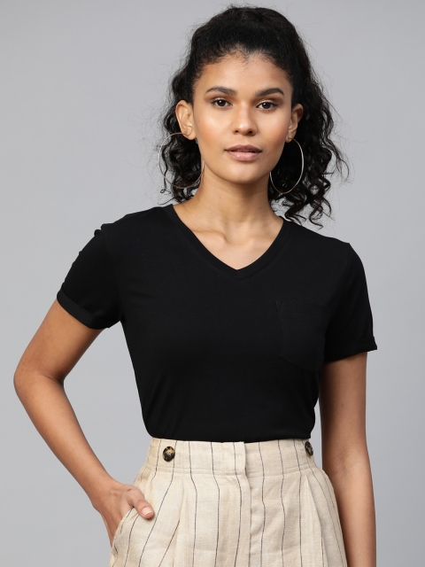 

VividArtsy Women Black Solid V-Neck T-shirt