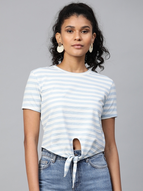 

VividArtsy Women White & Blue Front Knot Striped Top