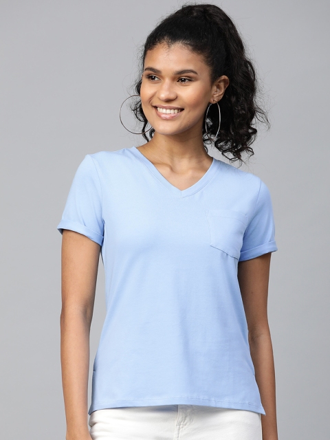 

VividArtsy Women Blue Solid V-Neck T-shirt