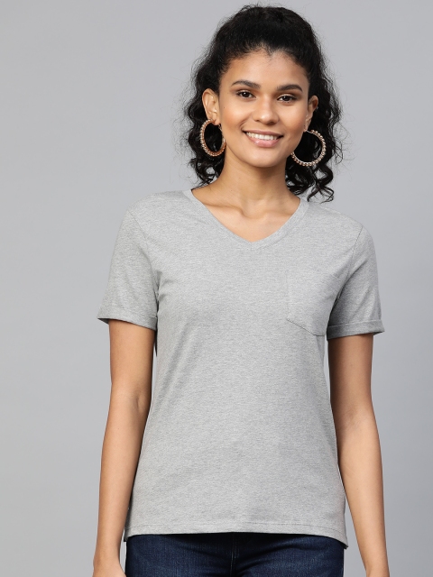 

VividArtsy Women Grey Melange Solid V-Neck T-shirt