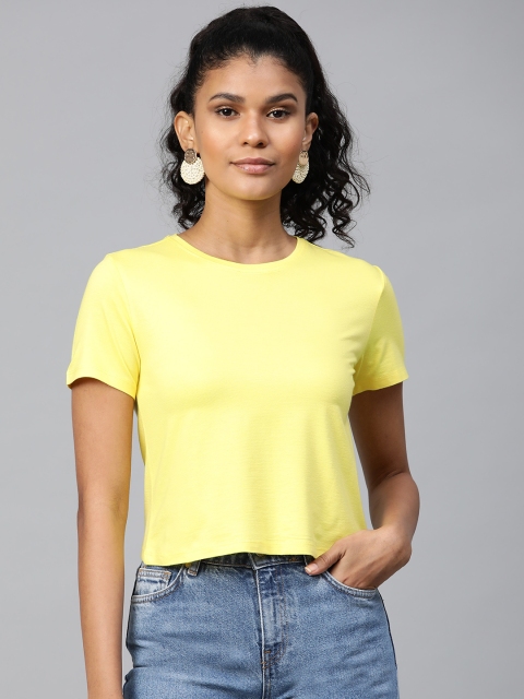 

VividArtsy Women Yellow Solid Round Neck Crop T-shirt