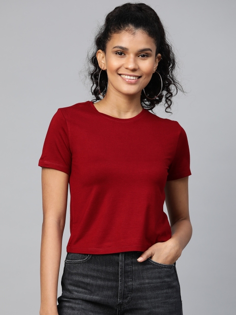 

VividArtsy Women Maroon Solid Round Neck Crop T-shirt