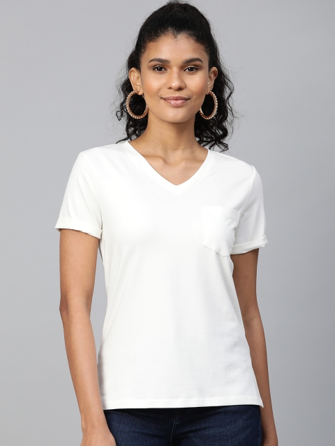

VividArtsy Women White Solid V-Neck T-shirt