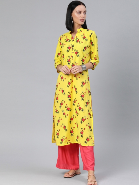 

Swishchick Women Yellow & Red Floral Printed Straight Kurta