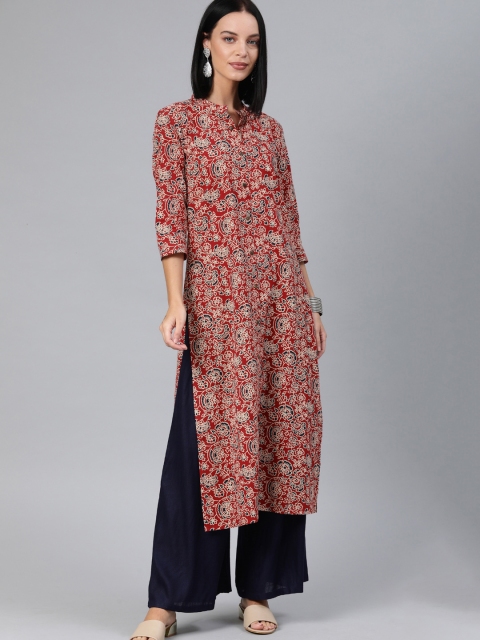 

Swishchick Women Rust Red & Off-White Floral Printed Straight Kurta