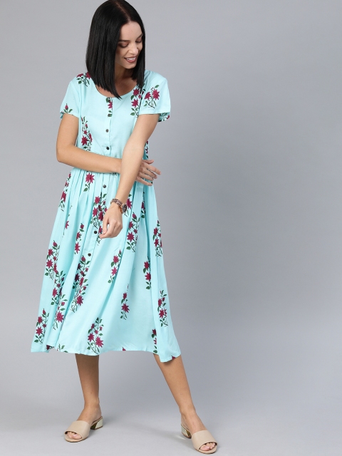 

Swishchick Women Blue Printed Fit and Flare Dress