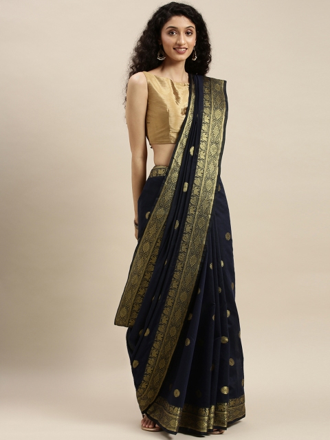 

KALINI Navy Blue & Gold-Toned Cotton Blend Woven Design Maheshwari Saree