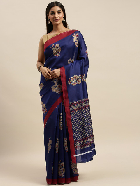 

KALINI Navy Blue & Red Poly Silk Printed Saree
