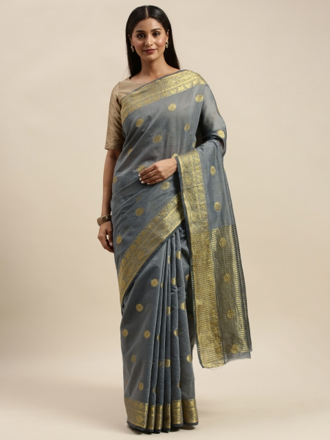 

KALINI Grey & Gold-Toned Cotton Blend Woven Design Maheshwari Saree