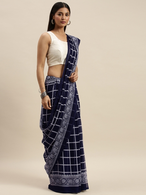 

KALINI Navy Blue & White Poly Chiffon Checked Saree