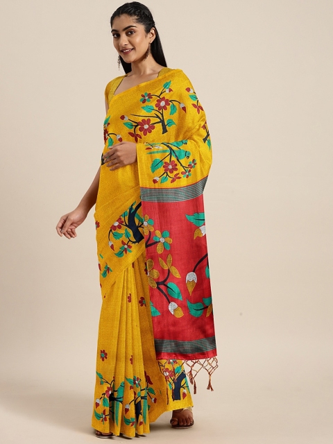 

KALINI Mustard Yellow Floral Printed Art Silk Saree