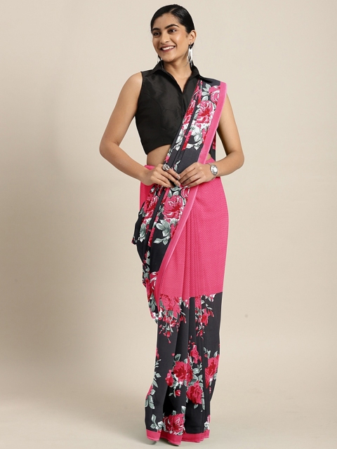 

KALINI Pink & Black Poly Georgette Floral Printed Saree