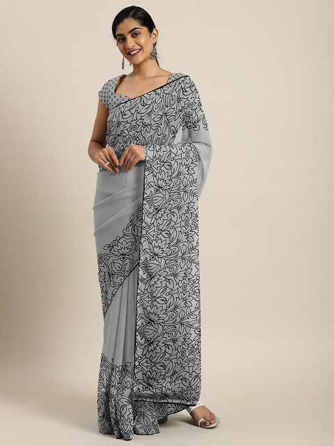 

KALINI Grey & Black Floral Floral Printed Poly Chiffon Saree