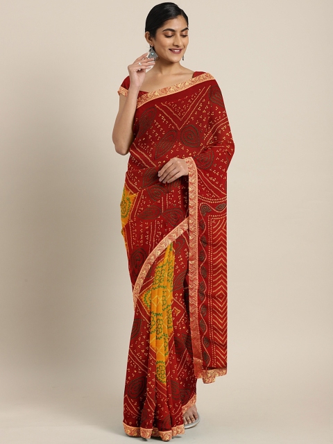 

KALINI Red & Yellow Poly Chiffon Printed Bandhani Saree