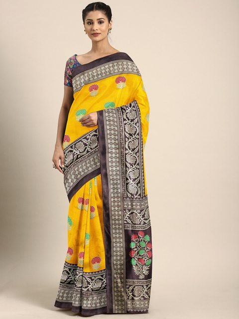 

KALINI Yellow & Charcoal Grey Poly Silk Printed Saree
