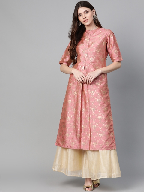 

Bhama Couture Women Peach-Coloured & Golden Foil Print Straight Kurta, Pink