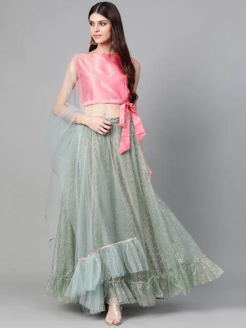 

Bhama Couture Sea Green & Pink Printed Ready to Wear Lehenga & Solid Blouse with Dupatta