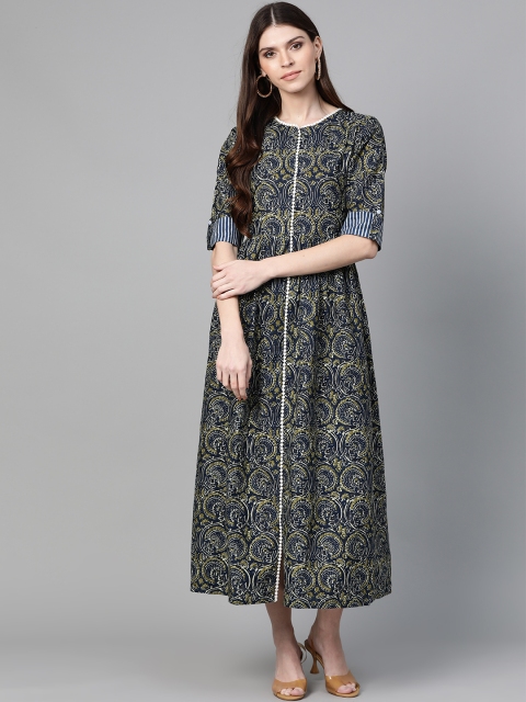 

Bhama Couture Women Navy Blue & Olive Green Ethnic Printed A-Line Dress