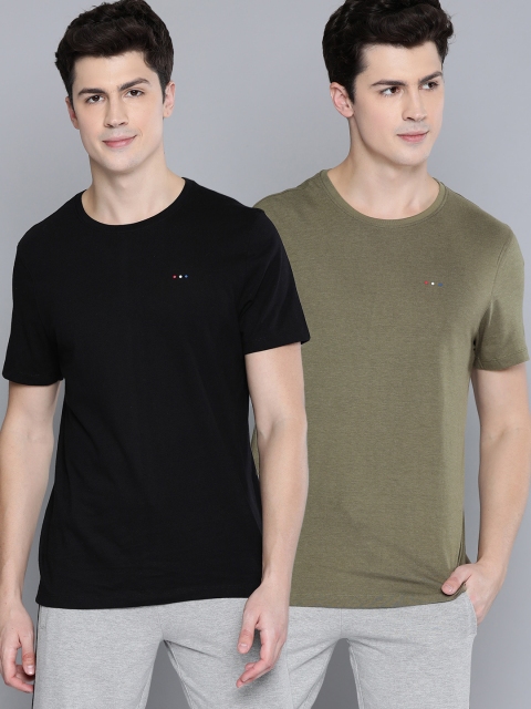 

Harvard Men Pack of 2 Black & Olive Green Solid Round Neck T-shirts